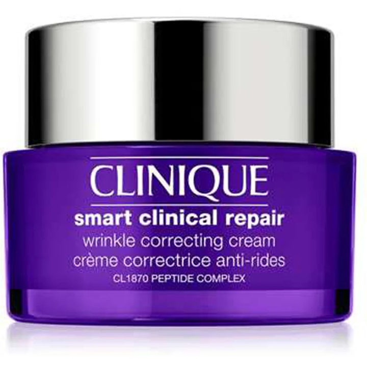 Clinique Smart Clinical Repair Wrinkle Correcting Cream mod rynker i en lilla glaskrukke med skinnende sølvlåg