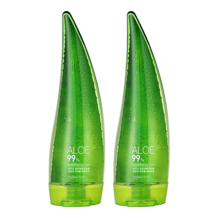 Holika Holika Aloe 99% Soothing Gel 2 styk beroligende kropsgel i grønne bladformede flasker med klar gel