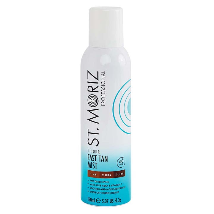 St. Moriz Professional 1 Hour Fast Tan Mist 150ml selvbruner spray giver hurtig glød i hvid flaske med blå gradient