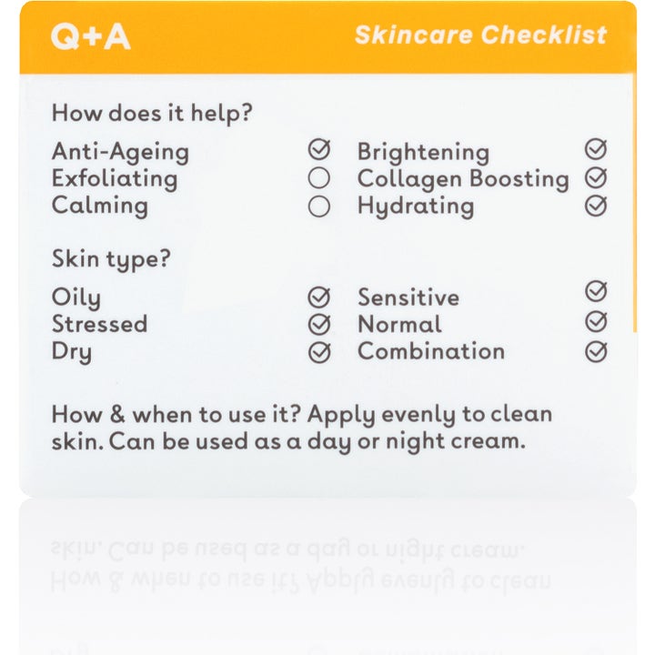 Q+A Vitamin C Face Cream 50 g lysnende dagcreme med Skincare Checklist der viser anti-ageing fordele.
