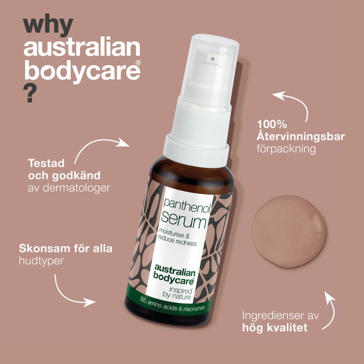 Australian Bodycare Panthenol Serum 30 ml beroligende ansigtsserum mod rødme i brun flaske med hvid pumpe og en dråbe