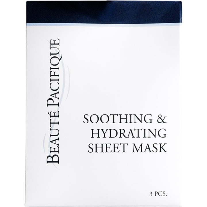 Beauté Pacifique Soothing & Hydrating Sheet Mask 3 stk. beroligende ansigtsmaske i hvid emballage med mørkeblå top