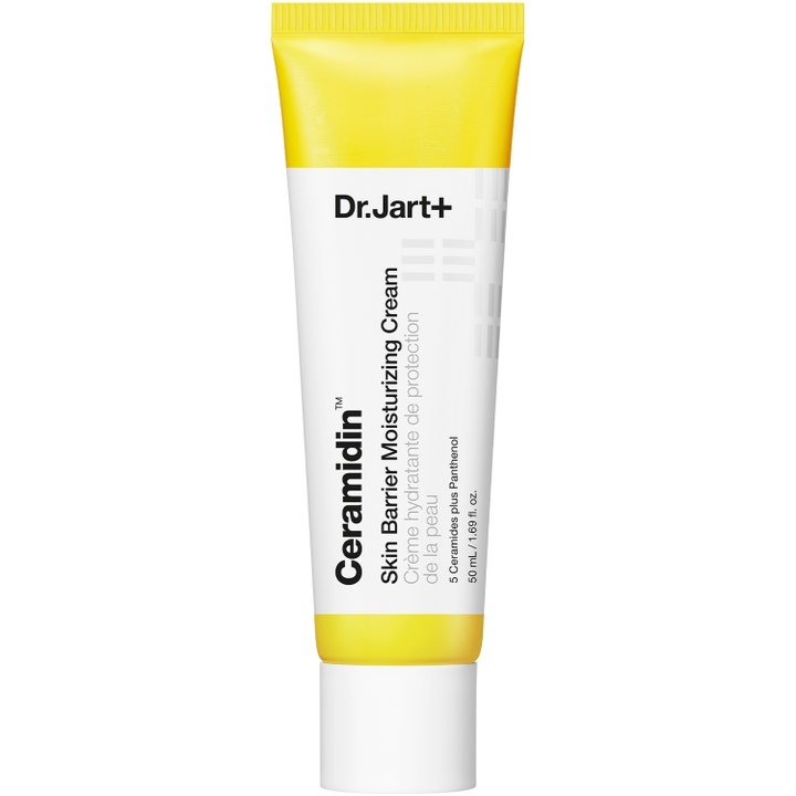 Dr. Jart+ Ceramidin Skin Barrier Moisturizing Cream 50 ml fugtgivende ansigtscreme i en hvid og gul tube med hvidt låg.