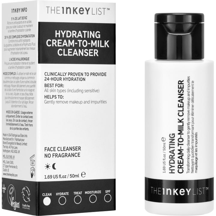 The INKEY List Hydrating Cream to Milk Cleanser 50 ml ansigtsrens i hvid flaske med sort låg og æske