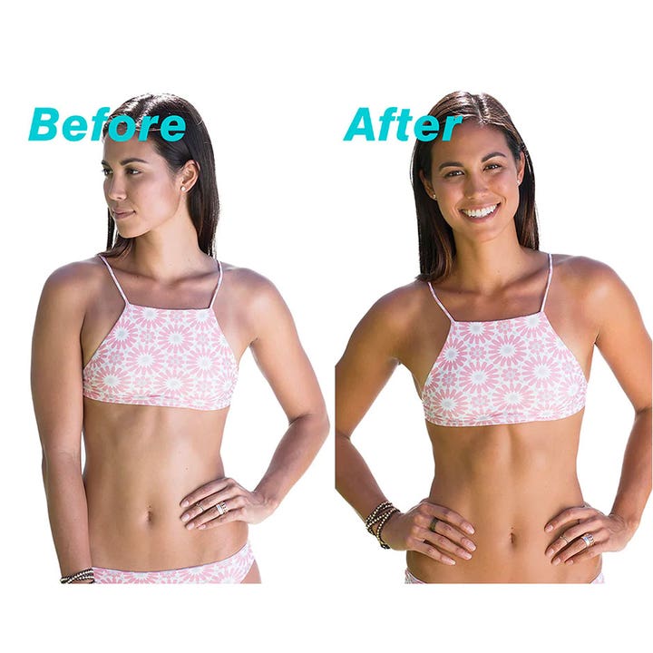 COOLA Sunless Tan Dry Oil Mist 100 ml giver en naturlig glød vist i før og efter resultat på en kvinde