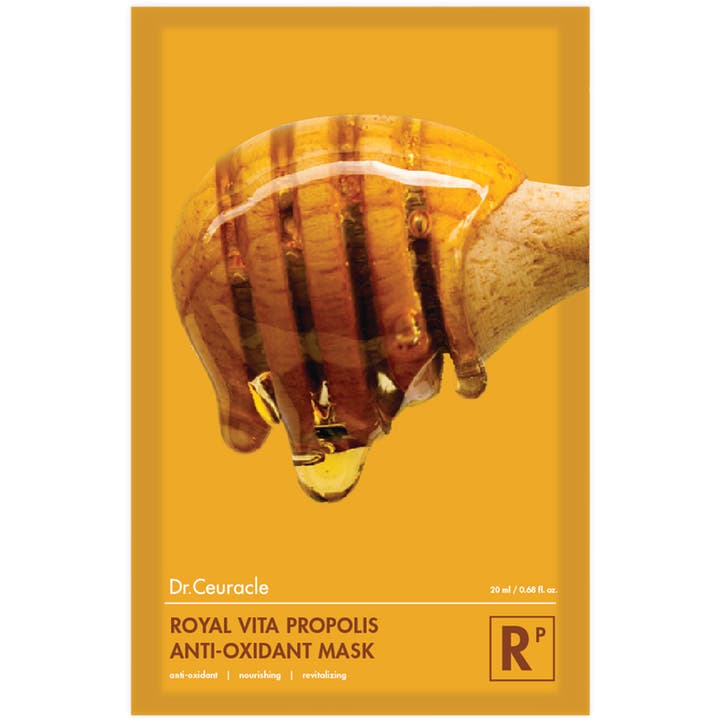 Dr. Ceuracle Royal Vita Propolis Anti-Oxidant Mask 20 ml nærende sheet mask i gul indpakning med dryppende honning.