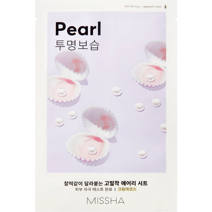 Missha Pearl Airy Fit Sheet Mask 19g glødgivende ansigtsmaske i hvid indpakning med perler og muslingeskaller