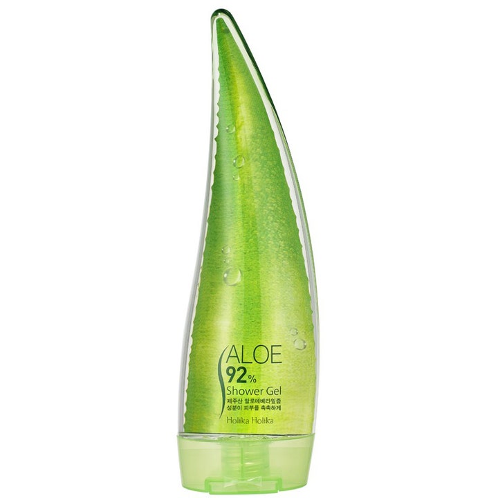Holika Holika Aloe 92% Shower Gel 250ml fugtgivende kropspleje i en unik bladformet grøn gennemsigtig flaske