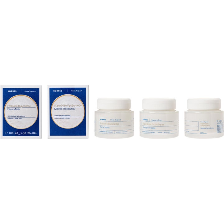 KORRES Greek Yoghurt Probiotic SuperDose Face Mask 100 ml fugtgivende ansigtsmaske i hvide krukker og blå æsker