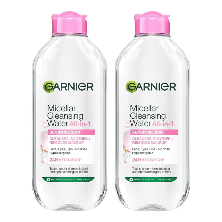 Garnier SkinActive Micellar Cleansing Water 2x400 ml duo-pakke med beroligende rensevand i klare plastflasker med lyserøde låg