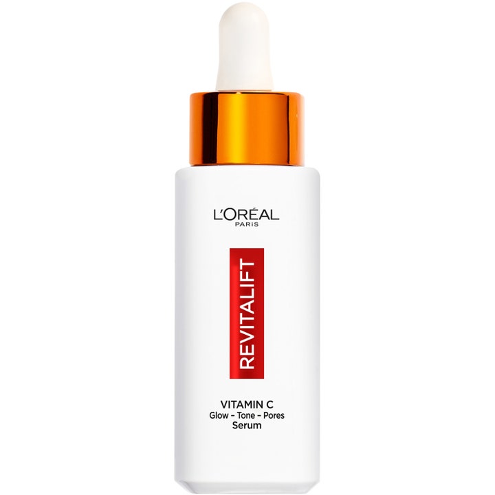 L'Oréal Paris Revitalift Vitamin C Serum giver glow i hvid flaske med orange metalkrave og hvid pipette.