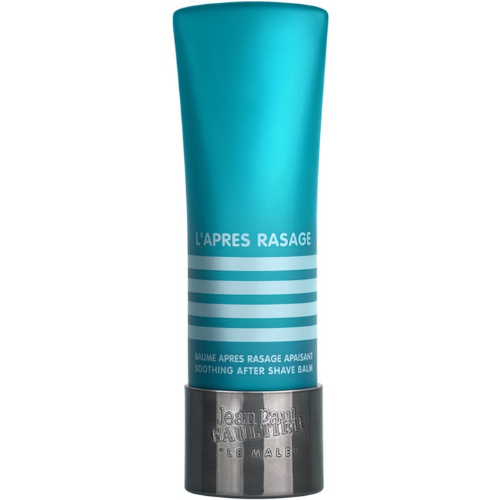 Jean Paul Gaultier Le Male After Shave Balm beroliger huden i en turkis stribet tube med mørkt metallåg.