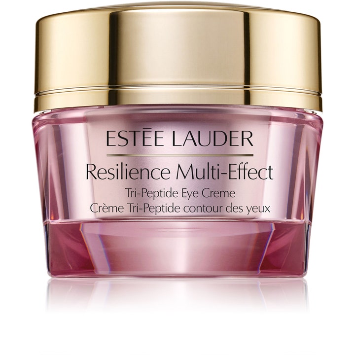 Estée Lauder Resilience Multi-Effect Tri-Peptide Eye Creme opstrammende øjencreme i lyserød glaskrukke med guld låg