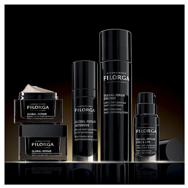 Filorga Global-Repair Balm 50 ml nærende dagcreme mod rynker i en serie af sorte krukker og flasker