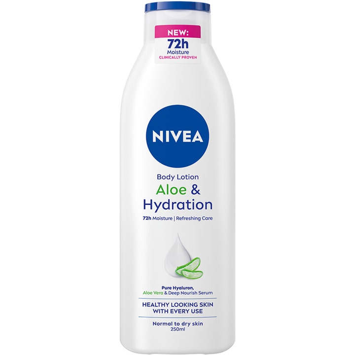 Nivea Aloe & Hydration 250ml fugtgivende bodylotion i hvid plastflaske med blåt låg og aloe vera detaljer