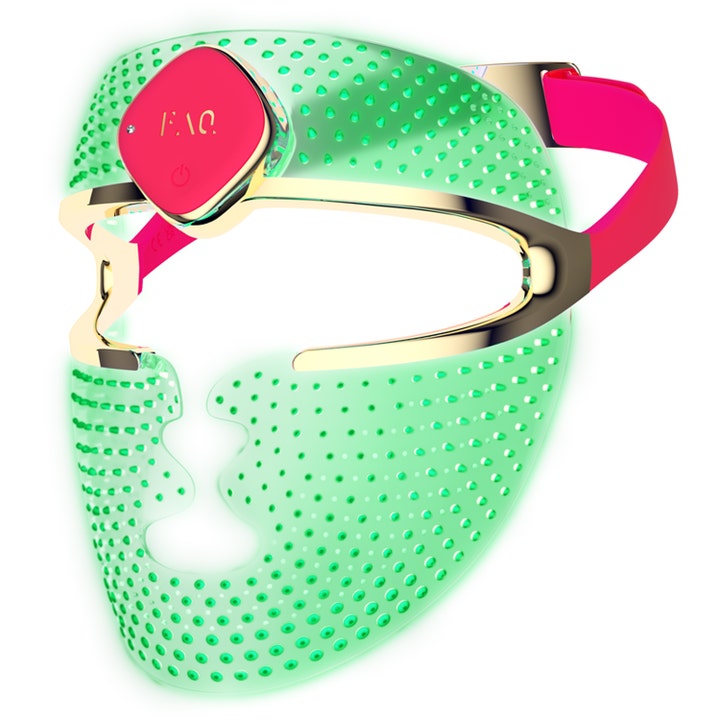 FAQ Swiss 201 Silicone RGB LED Face Mask 1 stk hudpleje med grønt lys og lyserøde detaljer