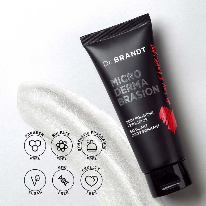 Dr Brandt Microdermabrasion Body Exfoliator 100 g body scrub i sort tube med hvid kornet tekstur og veganske ikoner.