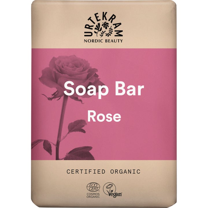 Urtekram Rose Soap Bar 100g plejende fast sæbe i lyserød indpakning med en stor rosenillustration.