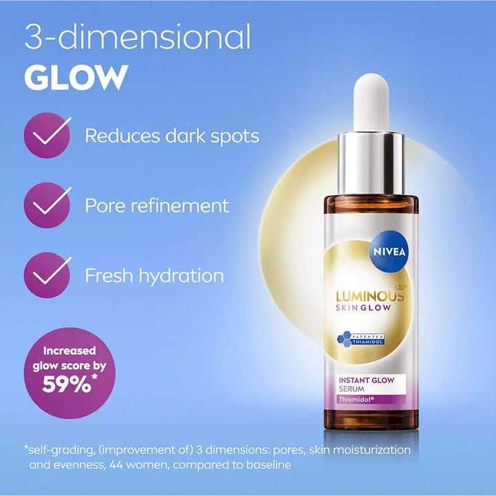 NIVEA Luminous630 Skin Glow Instant Glow 30 ml serum mod mørke pletter i glasflaske med pipette og sølvlåg.
