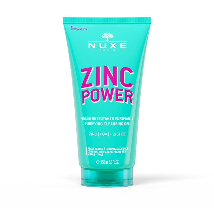 Nuxe Zinc Power 150 ml rensende ansigtsgel til uren hud i en turkis tube med iøjnefaldende pink tekst