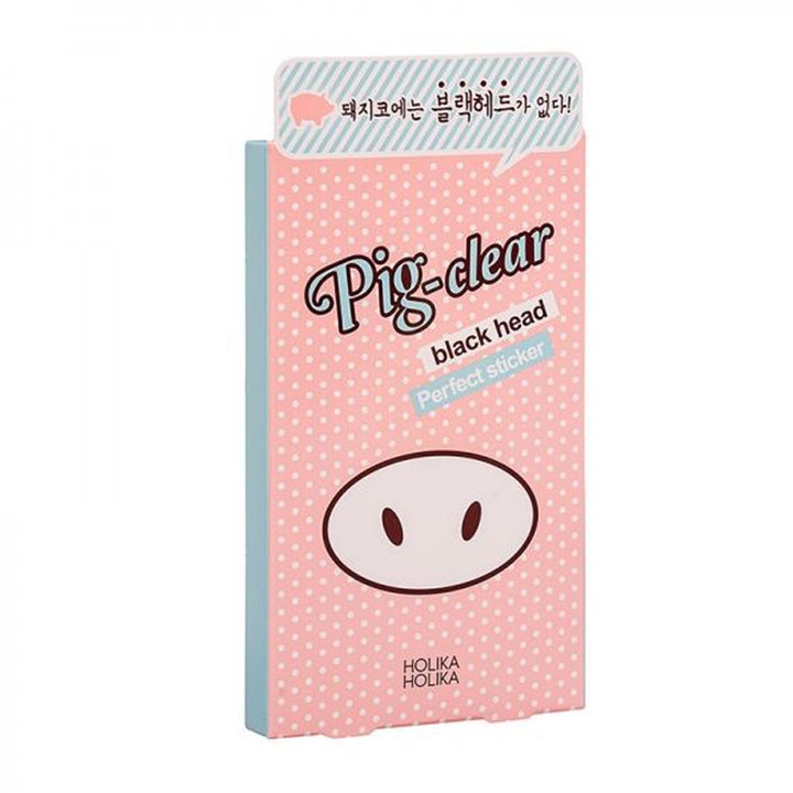 Holika Holika Pig-clear Black Head Perfect Sticker mod hudorme i en lyserød prikket papæske med grisetryne.