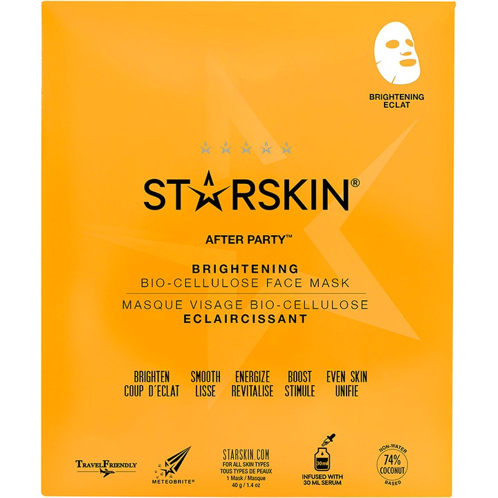 Starskin After Party 40 g lysnende sheet mask i gul indpakning der giver huden fornyet glød