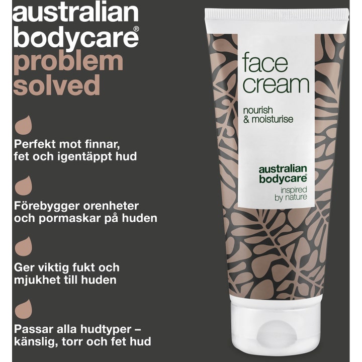Australian Bodycare Face Cream 100 ml fugtgivende ansigtscreme mod bumser i hvid tube med brunt bladmønster.