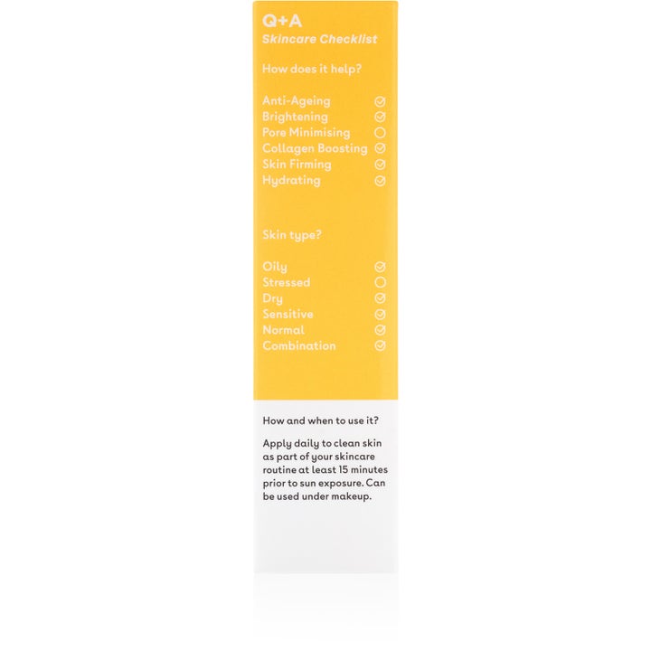 Q+A Peptide Renewing Face Sunscreen 50 ml solcreme med oversigt over fordele på gul emballage