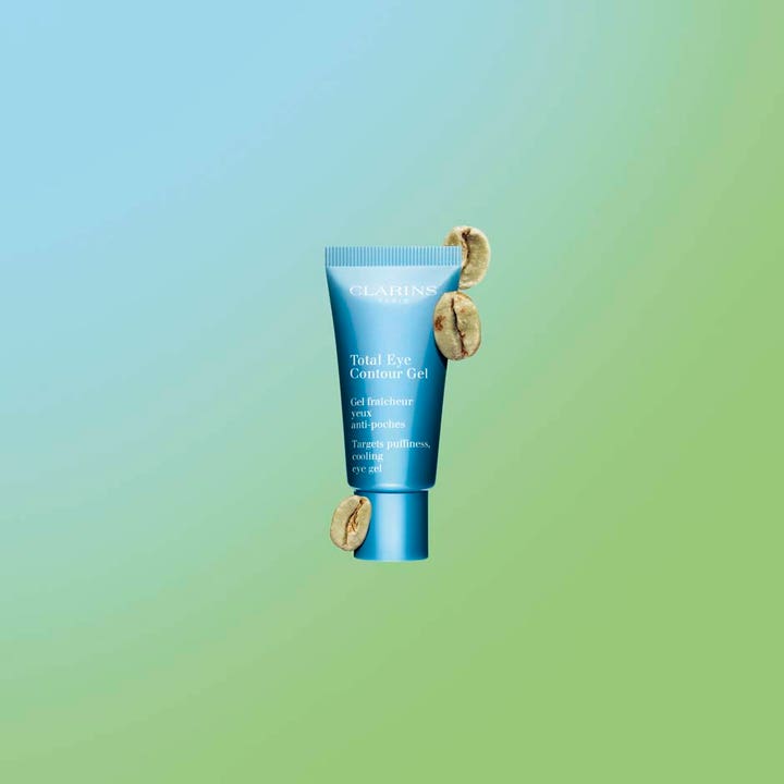 Clarins Total Eye Contour Gel 20 ml mod hævelser i blå tube med kølende effekt og kaffebønner