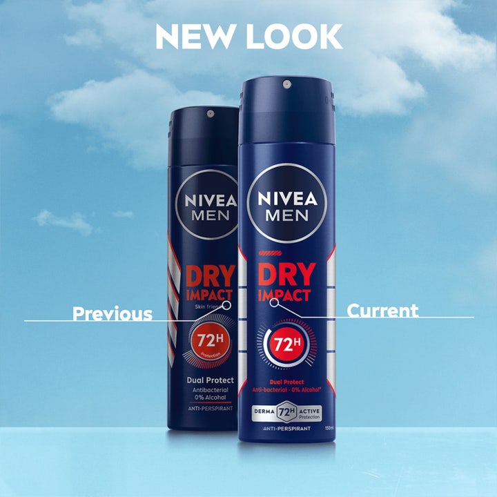 NIVEA Dry Impact Spray 150 ml antiperspirant viser nyt og gammelt design med 72h beskyttelse mod en blå himmel.