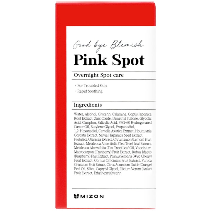 Mizon Good Bye Blemish Pink Spot 19 ml spot treatment mod urenheder i rød og hvid æske til overnight spot care.