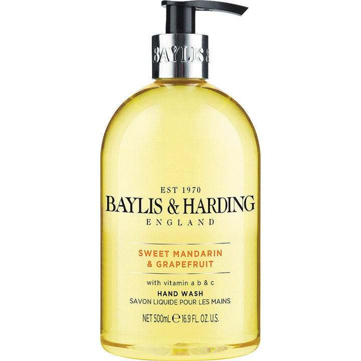 Baylis & Harding Sweet Mandarin & Grapefruit 500 ml plejende håndsæbe med vitaminer og gul væske i flaske med sølvpumpe