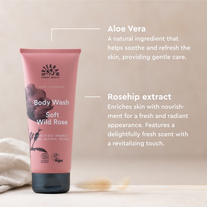 Urtekram Body Wash Soft Wild Rose 200 ml bodyshampoo i lyserød tube med beroligende aloe vera og hybenekstrakt