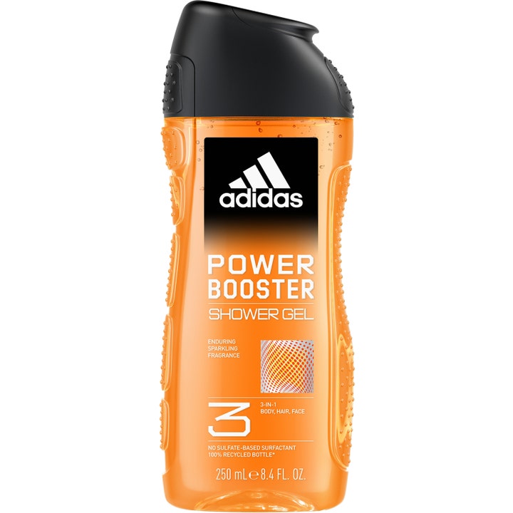 Adidas Power Booster Shower Gel 250 ml opfriskende 3-i-1 vask i gennemsigtig orange plastflaske med sort låg.