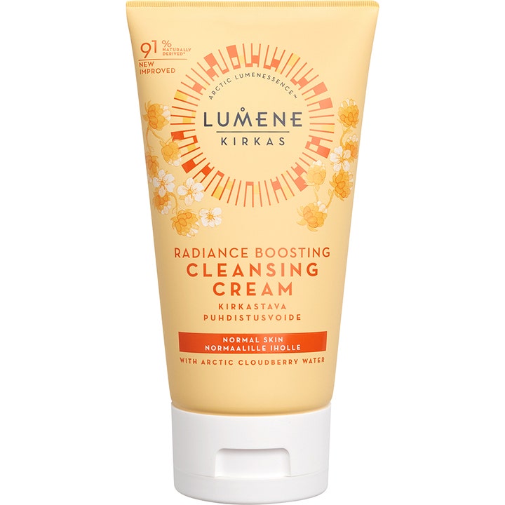 Lumene Kirkas Radiance Boosting Cleansing Cream rensecreme giver glød til normal hud i lys gul tube med hvidt låg