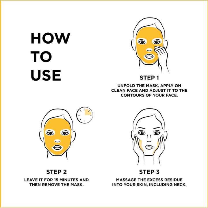Garnier SkinActive Vitamin C Sheet Mask 28 g glødgivende sheet mask med illustration der viser brugsanvisning i tre trin