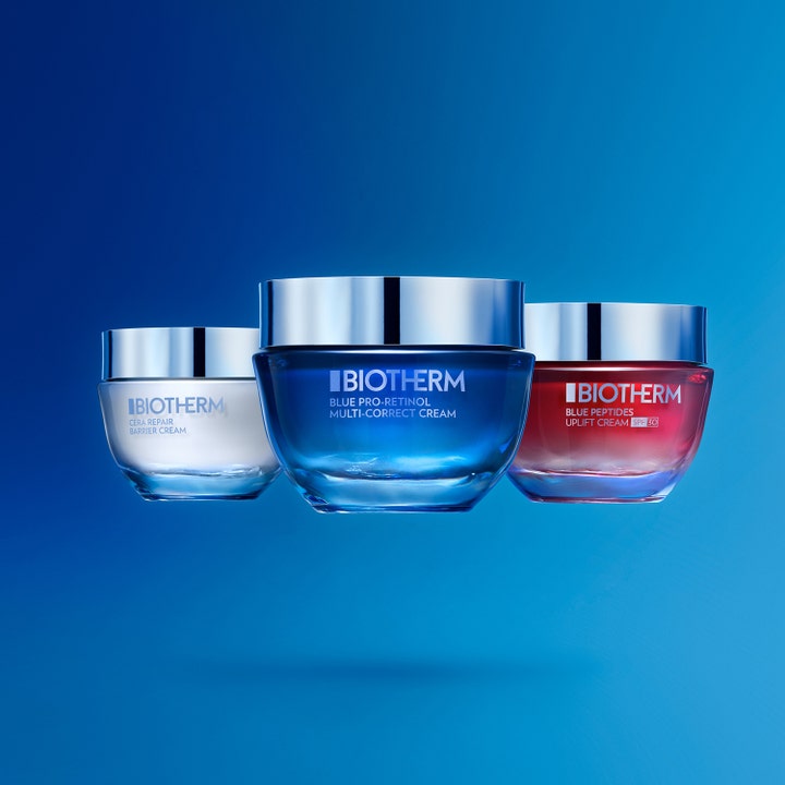 Biotherm Blue Pro-Retinol 30 ml ansigtscreme i blå glaskrukke vist med hvid og rød krukke på blå baggrund