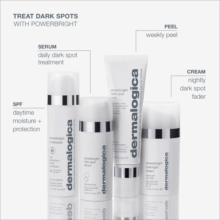 Dermalogica PowerBright Dark Spot System hudplejesæt mod mørke pletter med serum, peel og creme i hvide flasker.