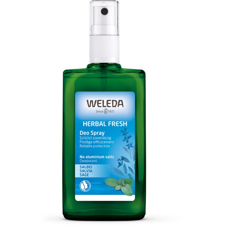 Weleda Herbal Fresh Deo Spray 100ml giver naturlig friskhed i grøn glasflaske med hvidt sprayhoved.