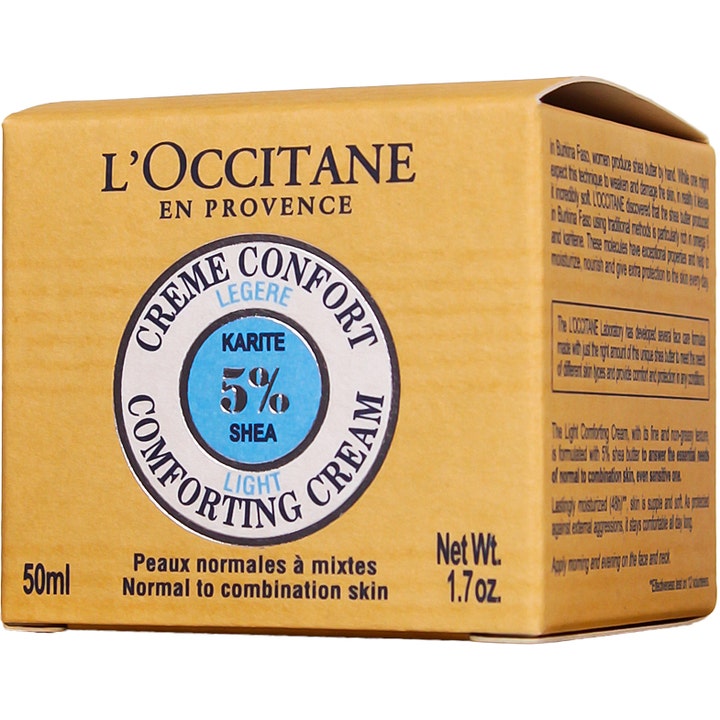 L'Occitane en Provence Comforting Cream Light 50 ml fugtgivende ansigtscreme i gul papæske med 5% shea logo