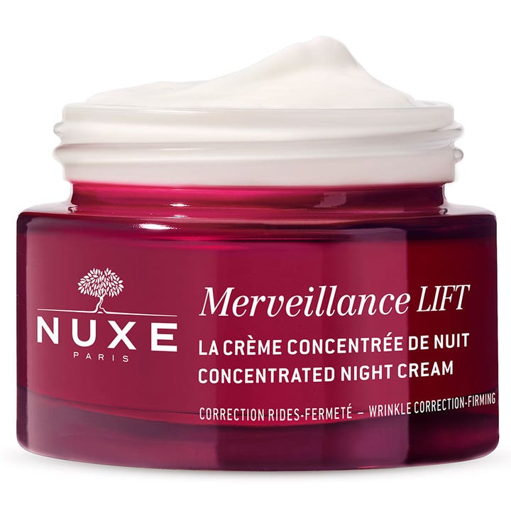 Nuxe Merveillance LIFT 50 ml opstrammende natcreme i rød glaskrukke viser den rige hvide konsistens