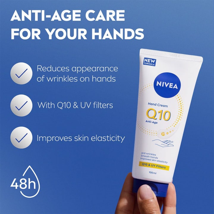 NIVEA Q10 Hand Cream 100 ml anti-age handcreme i hvid tube med UV-filtre der forbedrer hudens elasticitet.