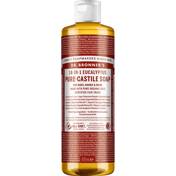 Dr. Bronner's 18-in-1 Eucalyptus Pure-Castile Soap 475 ml flydende sæbe i gennemsigtig flaske med brun etiket