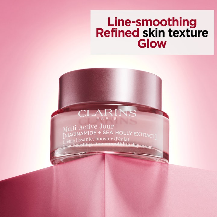 Clarins Multi-Active Jour 50 ml dagcreme med niacinamid i lyserød glaskrukke der giver glød og udglatter huden.