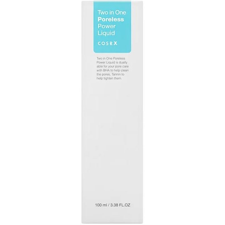 COSRX Two In One Poreless Power Liquid 100 ml toner med BHA i hvid papæske med lyseblå detaljer til porepleje