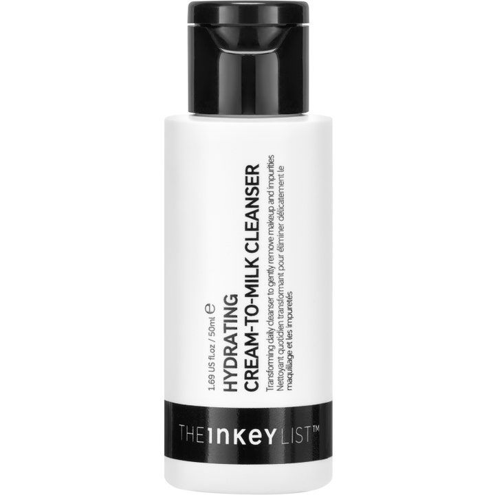 The Inkey List Hydrating Cream-to-Milk Cleanser 50 ml fugtgivende ansigtsrens i hvid flaske med sort vippelåg
