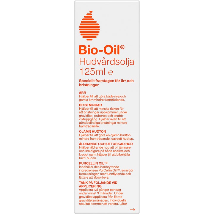 Bio-Oil Bio-Oil 125 ml hudplejeolie mod ar og strækmærker i hvid papæske med orange tekst og produktinformation