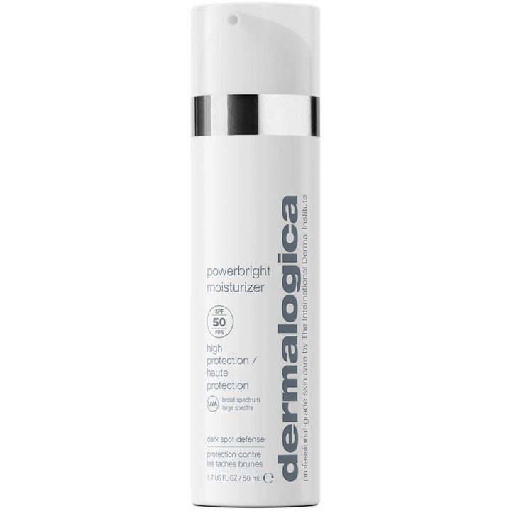 Dermalogica PowerBright Moisturizer 50 ml dagcreme med SPF 50 mod pigmentpletter i hvid flaske med sølvdetalje