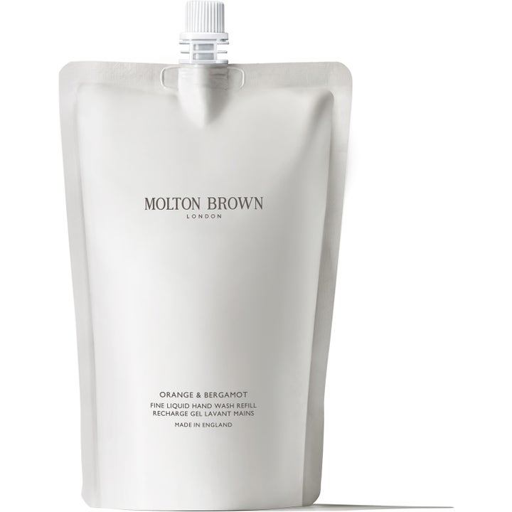 Molton Brown Orange & Bergamot Fine Liquid Hand Wash Refill opfriskende håndsæbe i hvid pose med hvidt plastiklåg