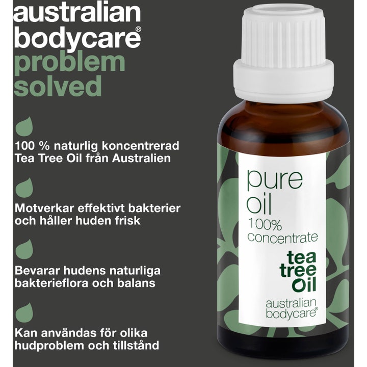 Australian Bodycare Pure Oil 30 ml koncentreret tea tree oil modvirker bakterier i brun flaske med hvidt låg
